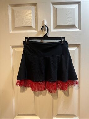 Morbid Threads Vintage Low Rise Black Skater Skirt with Red Fishnet Trim